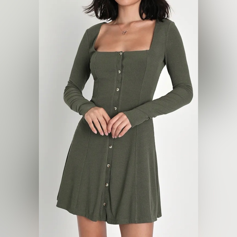 Lulus NWT Simply Favored olive green ribbed dress, XS